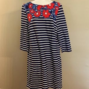 Talbots Navy and White Striped Midi Dress with Red Floral Accents